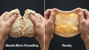 Split image showing a failed windowpane test where dough tears versus a successful windowpane test where dough stretches into a thin translucent membrane.