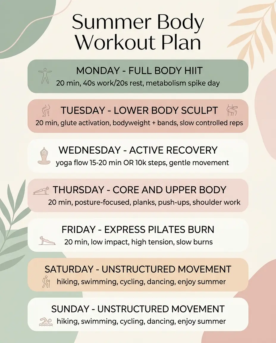 30-day easy summer body weekly workout calendar infographic detailing daily routines.
