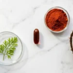Natural astaxanthin softgel capsule next to red-orange astaxanthin powder, microalgae, and coconut oil on a white marble surface