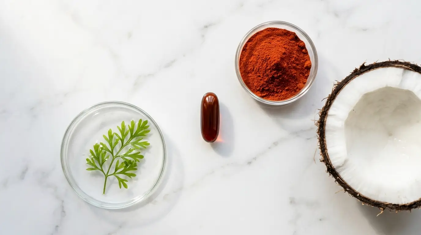 Natural astaxanthin softgel capsule next to red-orange astaxanthin powder, microalgae, and coconut oil on a white marble surface
