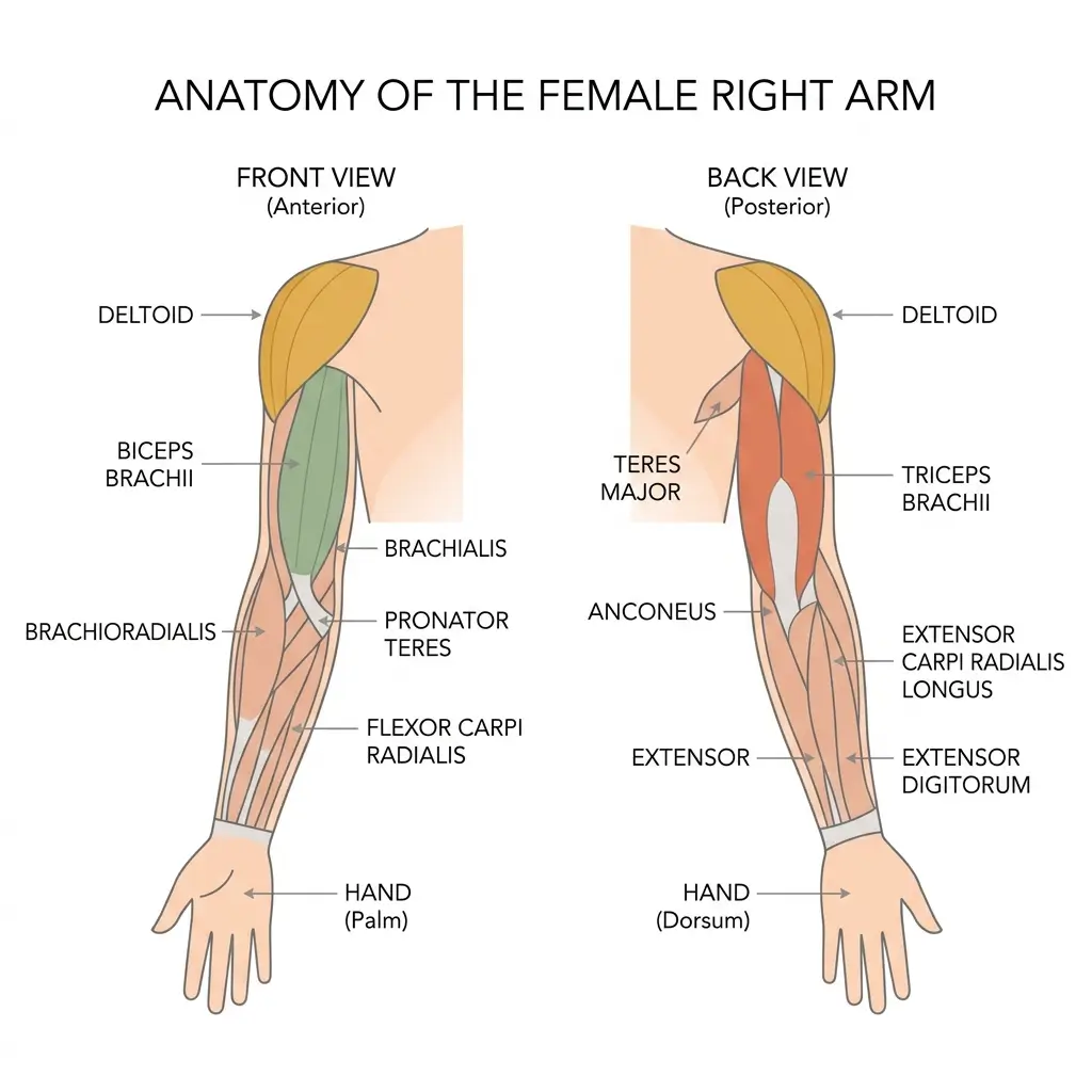 Female arm muscle anatomy diagram showing triceps biceps and deltoids