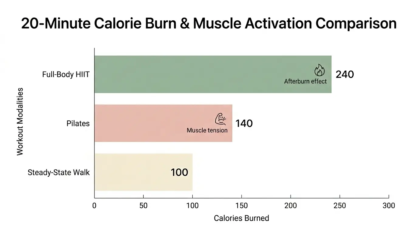 Bar chart comparing calorie burn and muscle activation between HIIT, Pilates, and walking.