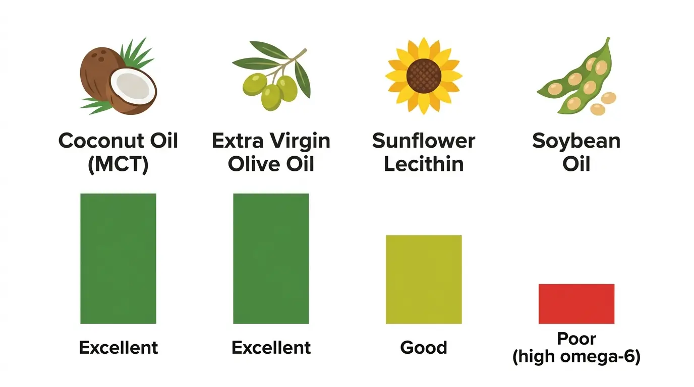 Comparison of four carrier oils used in astaxanthin supplements ranked by bioavailability quality: coconut oil, olive oil, sunflower lecithin, and soybean oil