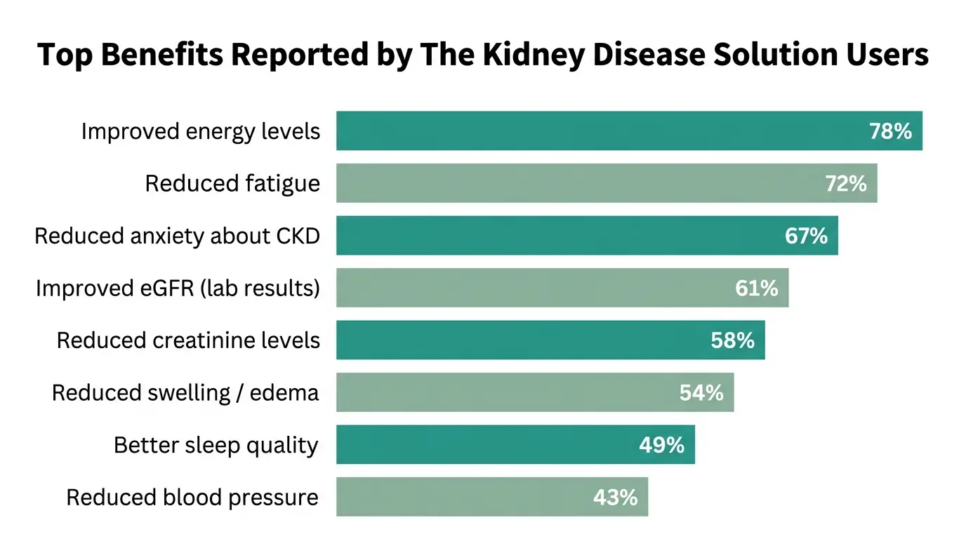 Bar chart showing the top benefits reported by The Kidney Disease Solution users, including eGFR improvement and reduced creatinine