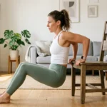 Woman doing tricep dips at home for arm fat workout