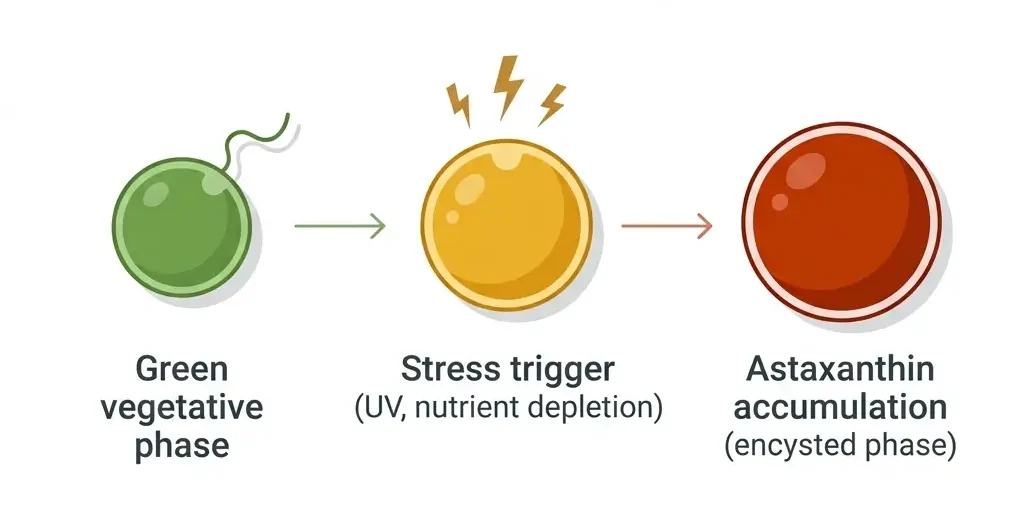 Infographic showing three stages of Haematococcus pluvialis microalgae lifecycle from green vegetative cell to red astaxanthin-rich cyst