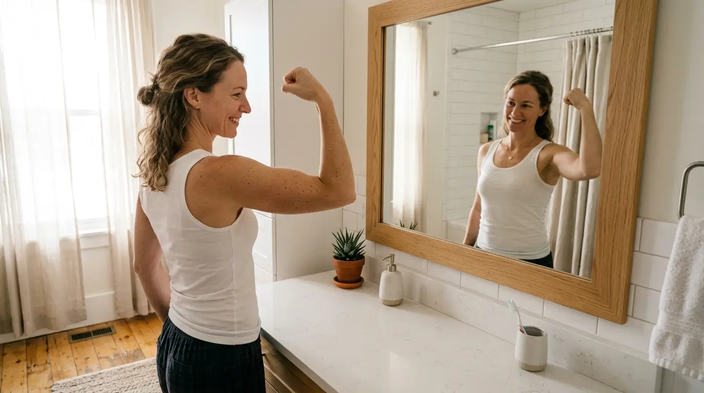 Woman checking arm toning progress at home in mirror