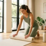 Woman unrolling a yoga mat in her living room to start her easy summer body workout.