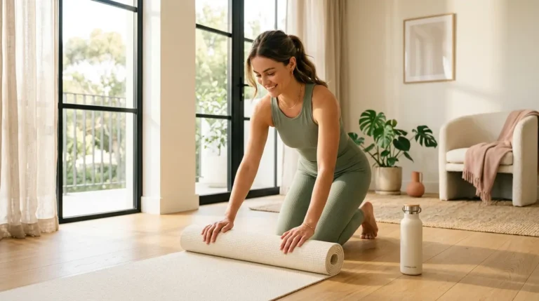 Woman unrolling a yoga mat in her living room to start her easy summer body workout.