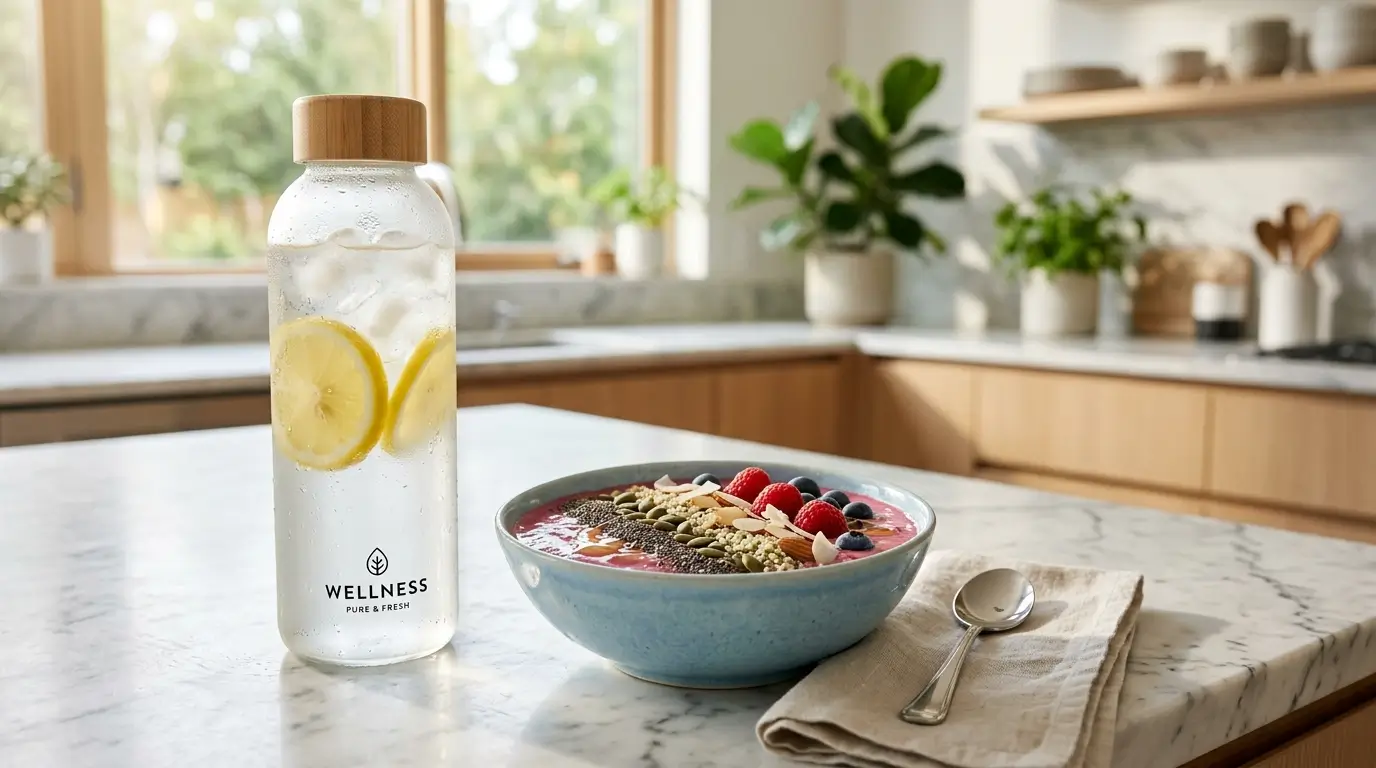 Glass water bottle with lemon and a high-protein smoothie bowl for workout recovery.
