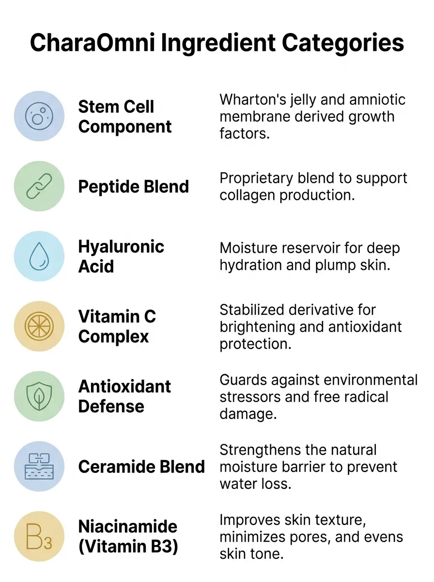 CharaOmni ingredient categories infographic showing stem cell component, peptide blend, hyaluronic acid, natural oils, antioxidants, prebiotics, and antimicrobials