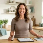 Woman in her mid-40s standing in a bright wellness space with a peptide vial on the counter, representing peptide therapy for weight loss during perimenopause.