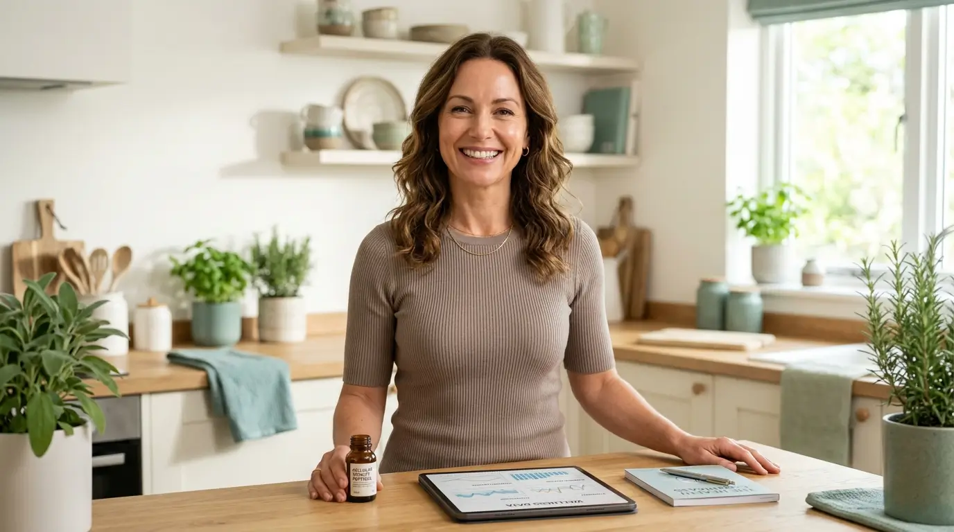 Woman in her mid-40s standing in a bright wellness space with a peptide vial on the counter, representing peptide therapy for weight loss during perimenopause.