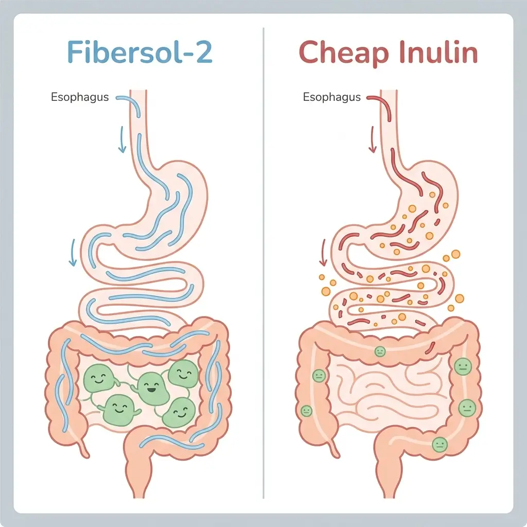 Illustration comparing how Fibersol-2 and inulin behave in the digestive tract, showing Fibersol-2 reaching the colon intact while inulin ferments rapidly causing gas