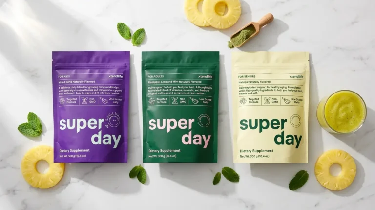 Three Xtend-Life SuperDay powder pouches for Adults, Kids, and 60+ displayed on a marble countertop with a mixed green drink, mint leaves, and pineapple slices