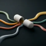 Supplement capsule split open with seven colored streams flowing outward representing different magnesium forms and delivery pathways