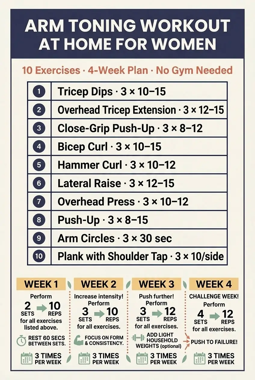 Arm fat workout plan for women — 10 at-home exercises with sets, reps, and a 4-week progressive training schedule. No gym required.
