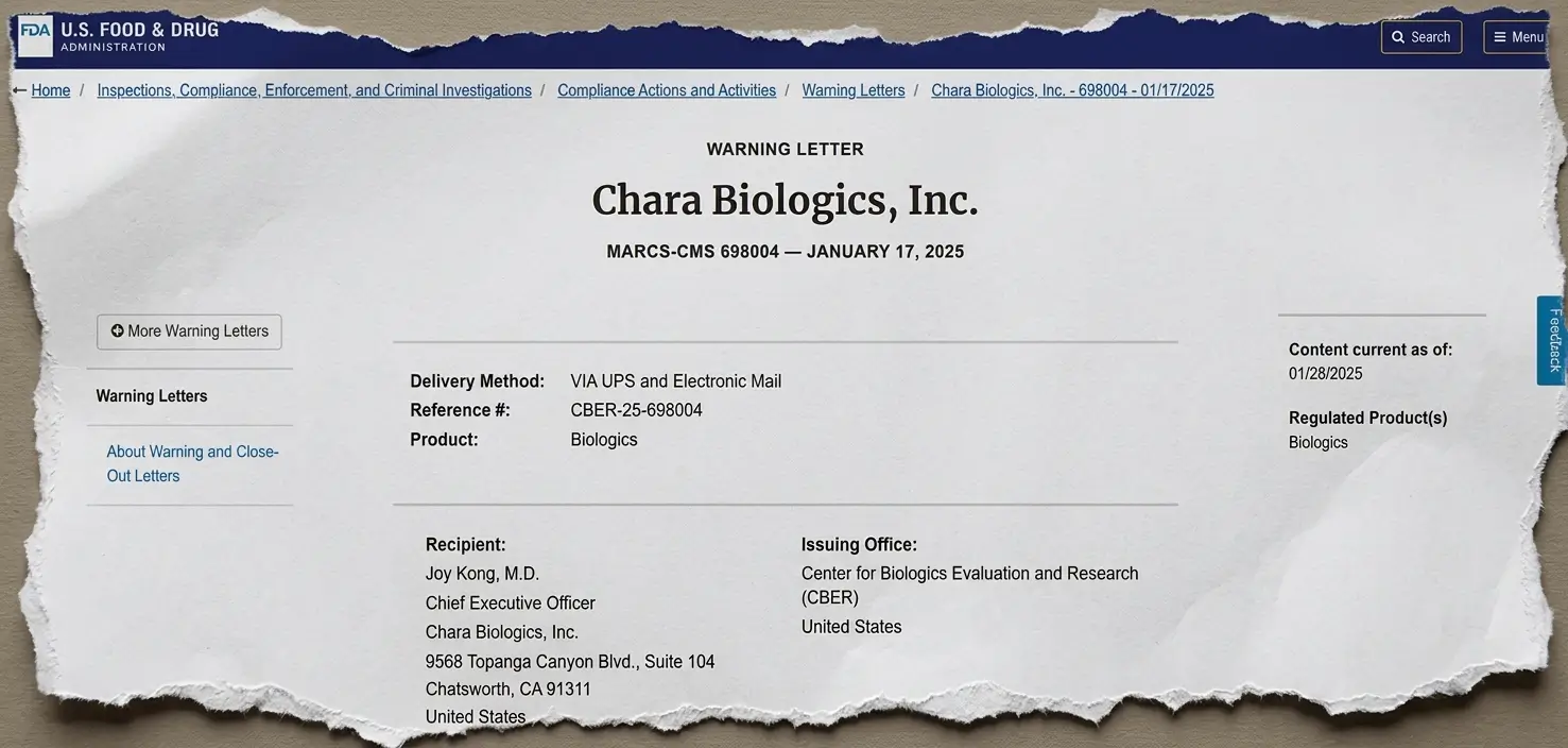 FDA warning letter to Chara Biologics Inc dated January 17, 2025, addressed to Dr. Joy Kong