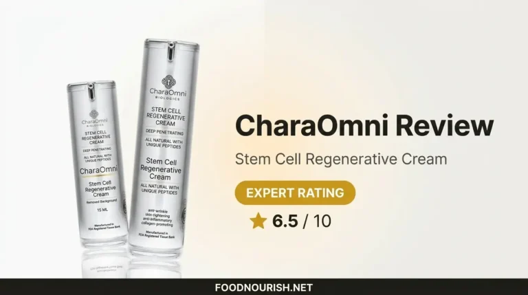 CharaOmni Review featured image showing CharaOmni 15 ML and 50 ML Stem Cell Regenerative Cream bottles with a 6.5 out of 10 review score