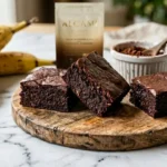 Fudgy 3 ingredient brownies made with banana peanut butter and cacao cut on a wooden board