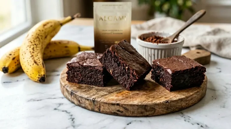 Fudgy 3 ingredient brownies made with banana peanut butter and cacao cut on a wooden board