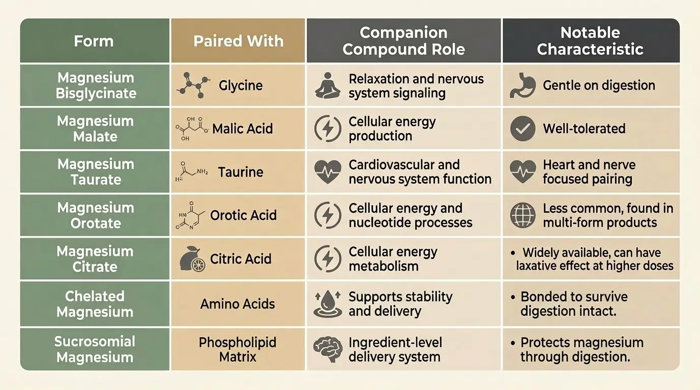 Reference chart comparing seven common magnesium forms including bisglycinate, malate, taurate, orotate, citrate, chelated, and sucrosomial with their companion compounds and key characteristics