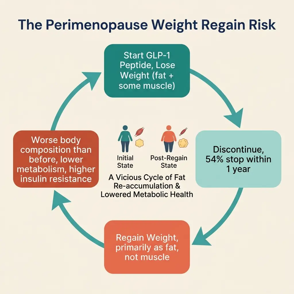 Circular infographic showing the weight regain cycle after GLP-1 discontinuation during perimenopause, with statistics showing 54% stop within one year and 72% within two years, and practical strategies to break the cycle.