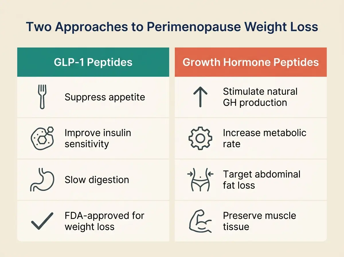 Side-by-side infographic comparing GLP-1 peptides and growth hormone peptides for perimenopause weight loss, showing appetite suppression and insulin benefits for GLP-1s versus visceral fat targeting and muscle preservation for GH peptides