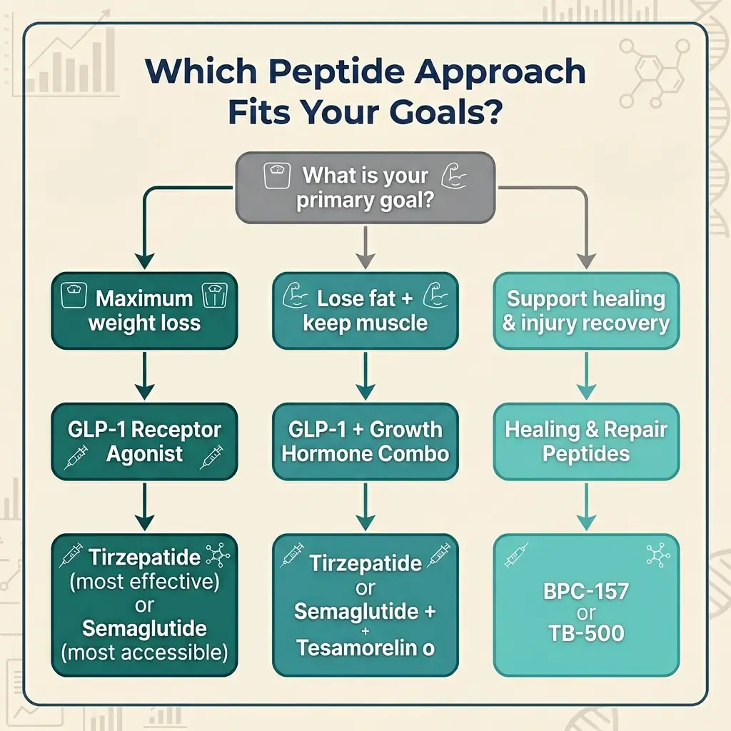 Decision flowchart helping women choose between GLP-1 peptides, combination protocols, or growth hormone peptides for perimenopause weight loss based on primary goals