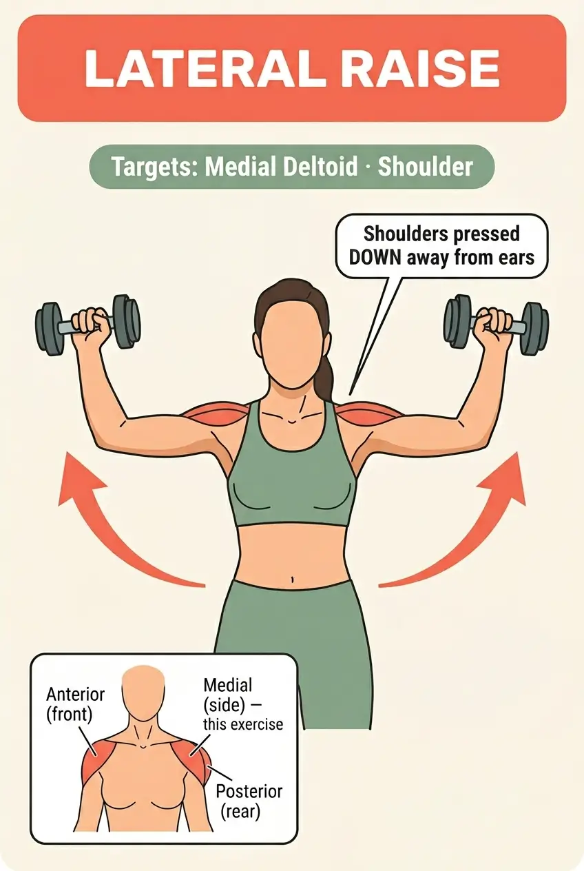 Lateral raise exercise infographic for women showing medial deltoid muscle target and correct form