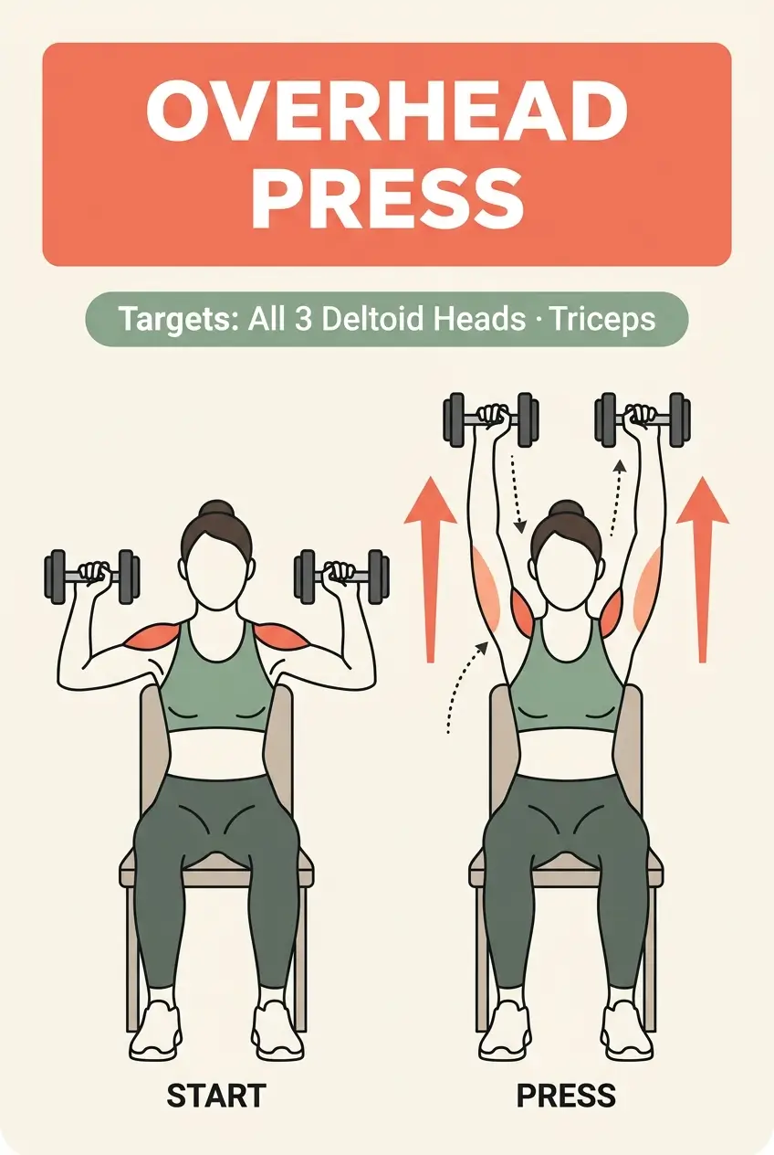 Overhead press exercise infographic for women showing start and press positions with correct vertical bar path