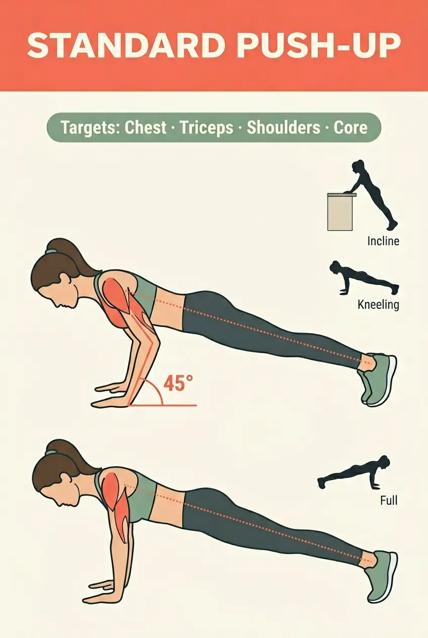 Standard push-up exercise infographic for women showing three difficulty levels and correct elbow angle