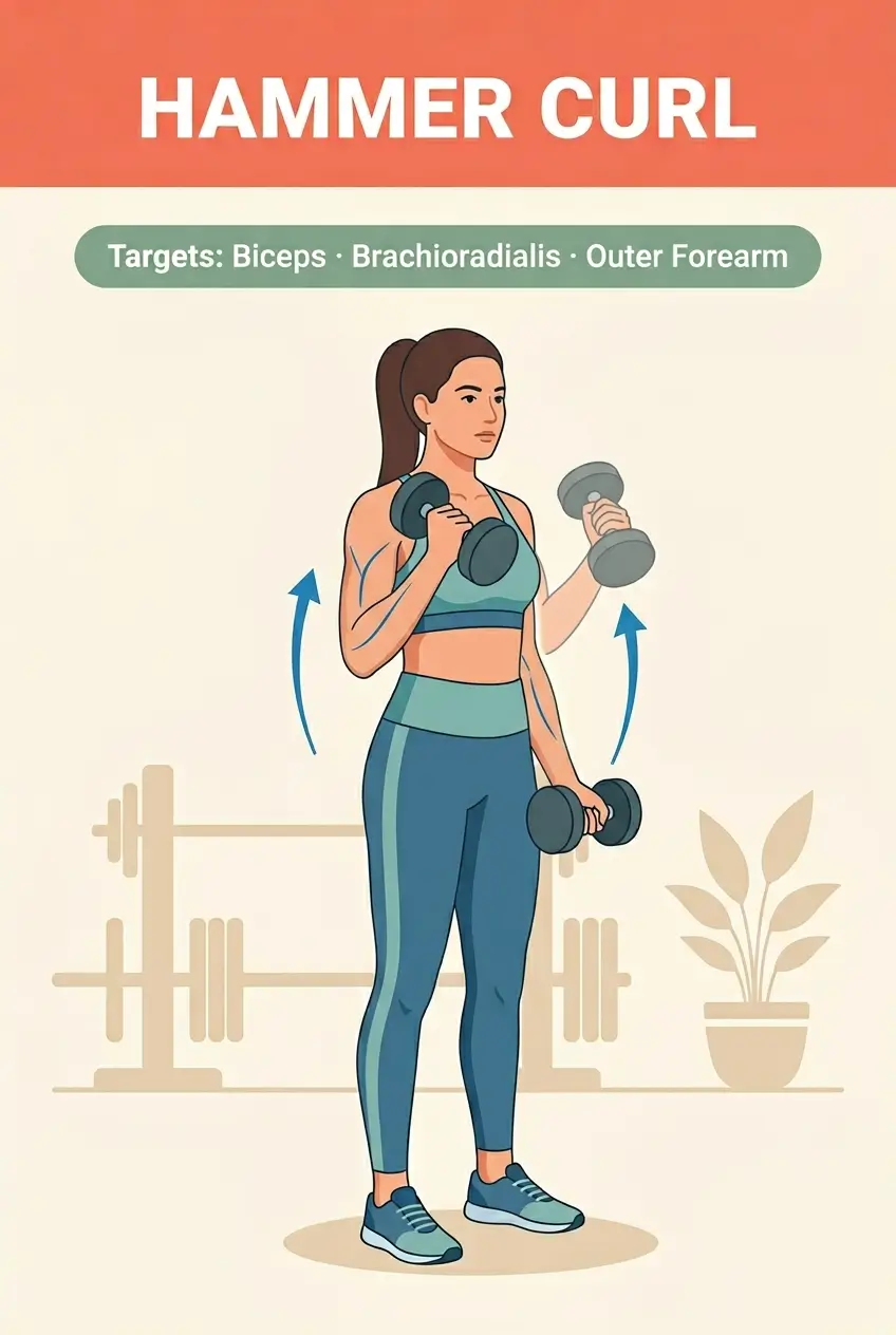 Hammer curl exercise infographic for women comparing grip to standard curl and showing correct form.