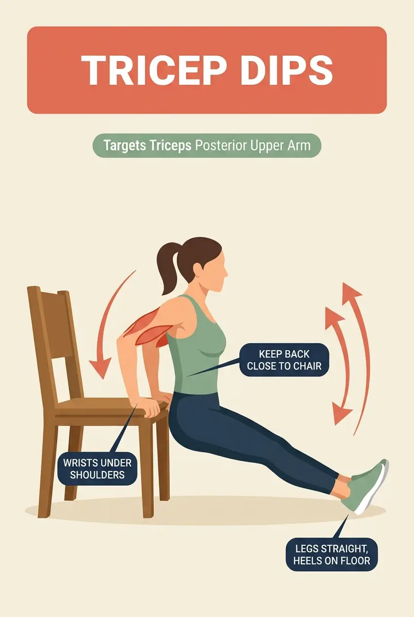 Tricep dips exercise infographic for women showing correct form and muscle target