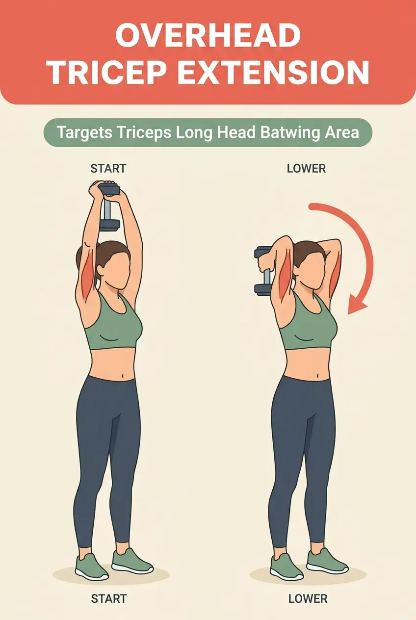 Overhead tricep extension exercise infographic showing start and lower positions for women