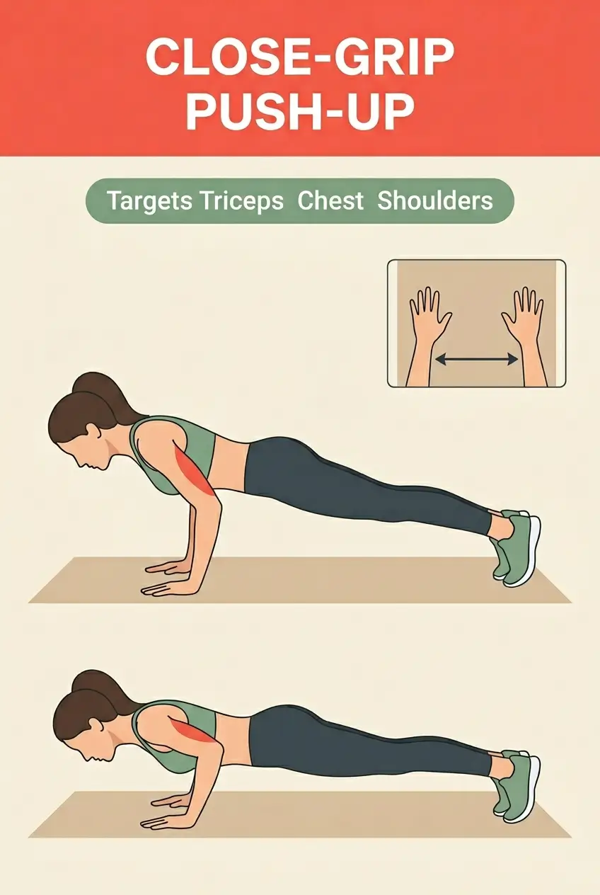 Close-grip push-up exercise infographic for women showing correct elbow position and hand placement