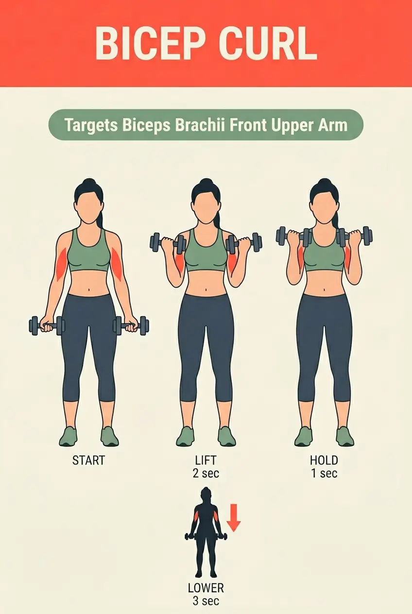Bicep curl exercise infographic for women showing 3-phase movement with correct tempo and form