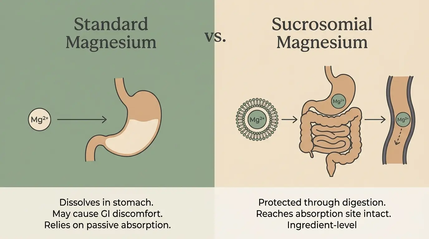 Diagram comparing standard magnesium supplement digestion versus sucrosomial magnesium delivery showing how the phospholipid matrix protects magnesium through the stomach and intestine