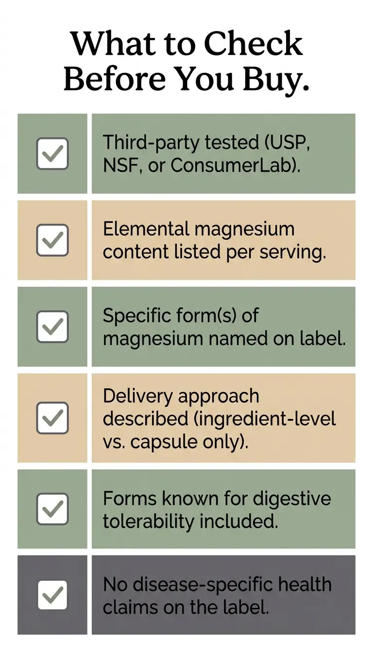 Checklist infographic showing six things to look for on a magnesium supplement label including third party testing, elemental magnesium content, form transparency, delivery approach, tolerability, and no disease claims