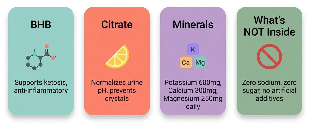 KetoCitra ingredients infographic showing BHB, citrate, minerals, and excluded ingredients
