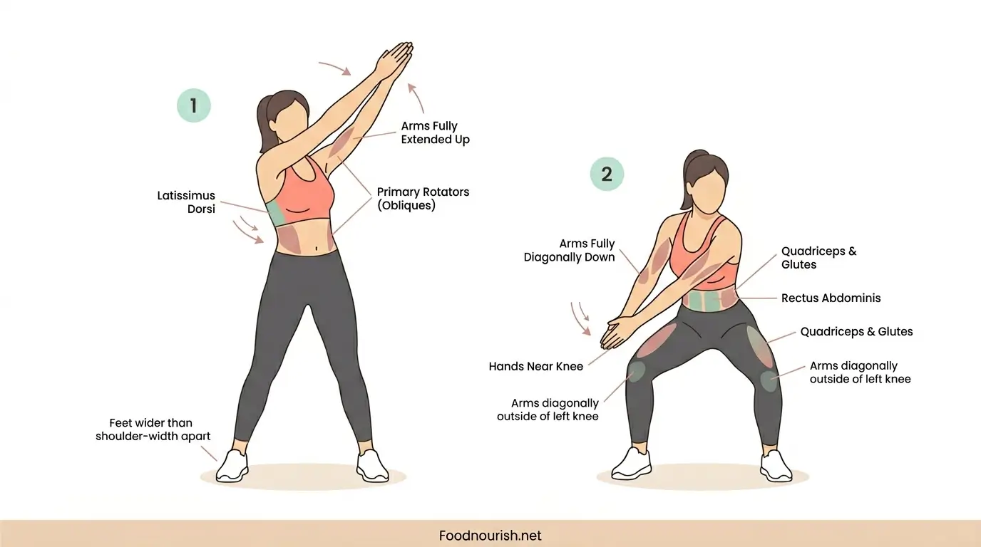 Two-stage illustration of a woman performing a wood chop exercise showing the diagonal chopping motion from high right to low left with obliques, transverse abdominis, and glutes highlighted