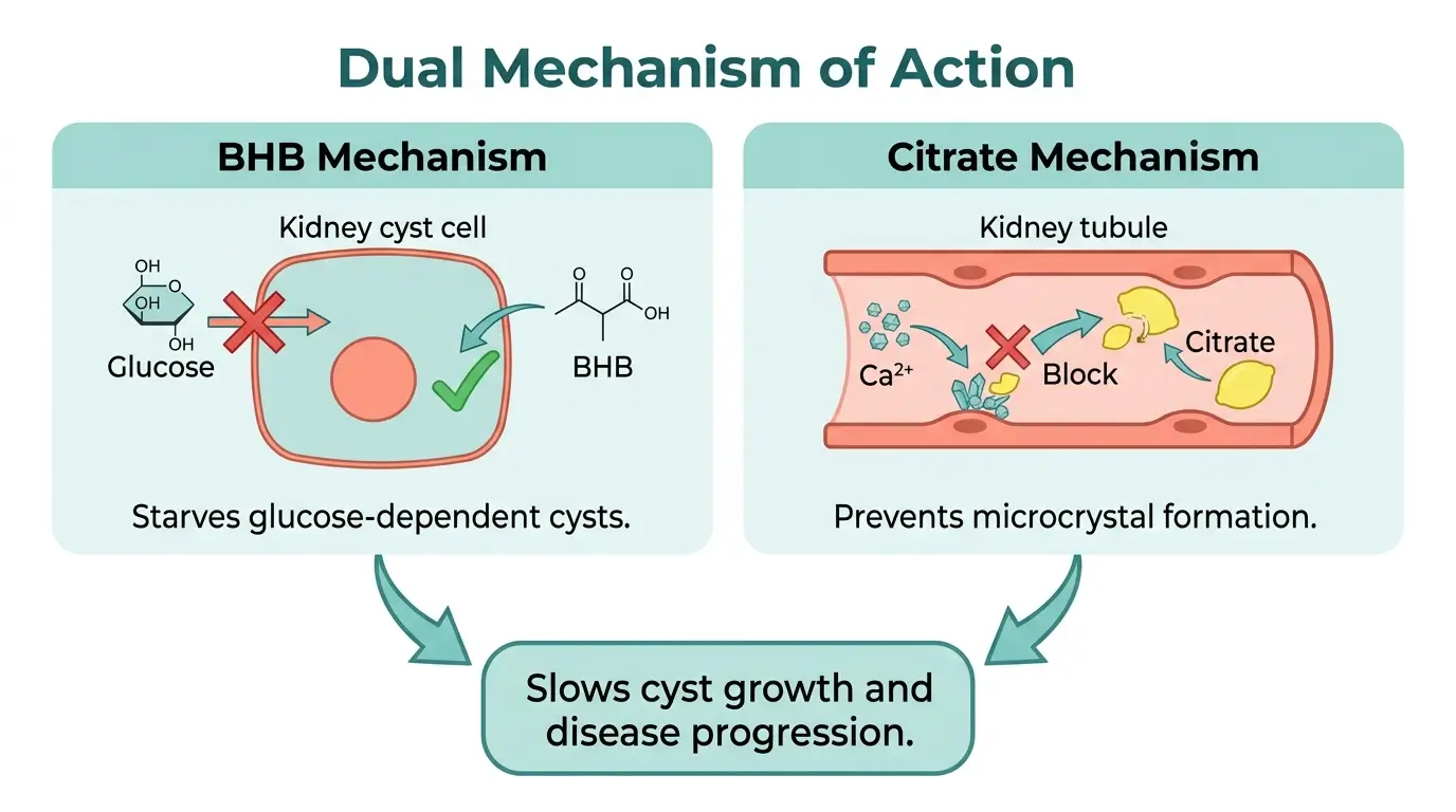 Infographic showing how KetoCitra BHB starves kidney cysts and citrate prevents crystal formation
