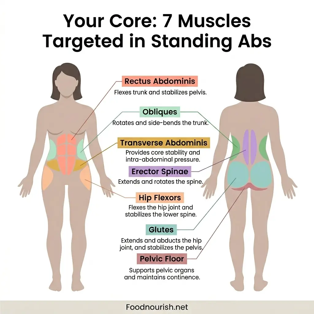 Anatomical infographic showing seven core muscles targeted during standing abs workouts including rectus abdominis, obliques, transverse abdominis, erector spinae, hip flexors, glutes, and pelvic floor