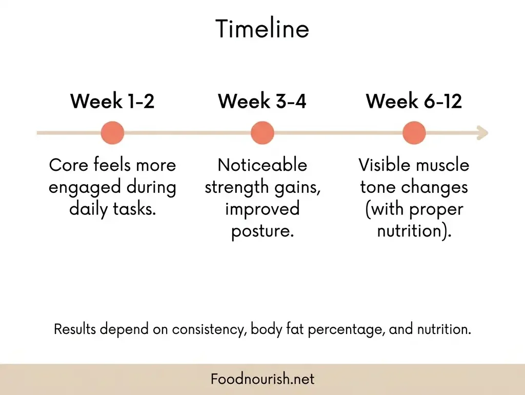 Timeline infographic showing standing abs workout results progression from week 1 through week 12 including strength gains, posture improvement, and visible muscle tone changes