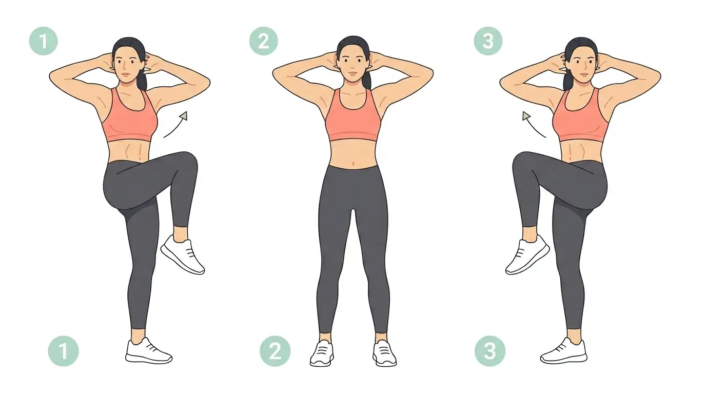 Three-stage illustration of a standing oblique crunch showing right side crunch, neutral standing position, and left side crunch with hands behind head and obliques and hip flexors highlighted