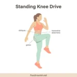 Woman performing a standing knee drive exercise with core muscles highlighted, showing obliques, transverse abdominis, and glutes engaged during the movement