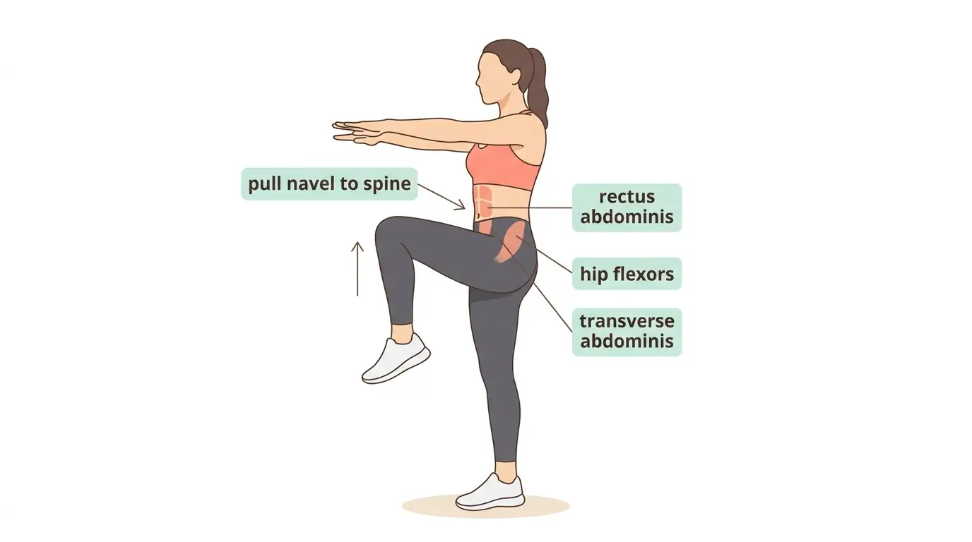 Woman performing a high knee march with right knee at hip height and arms extended forward, showing rectus abdominis, hip flexors, and transverse abdominis highlighted