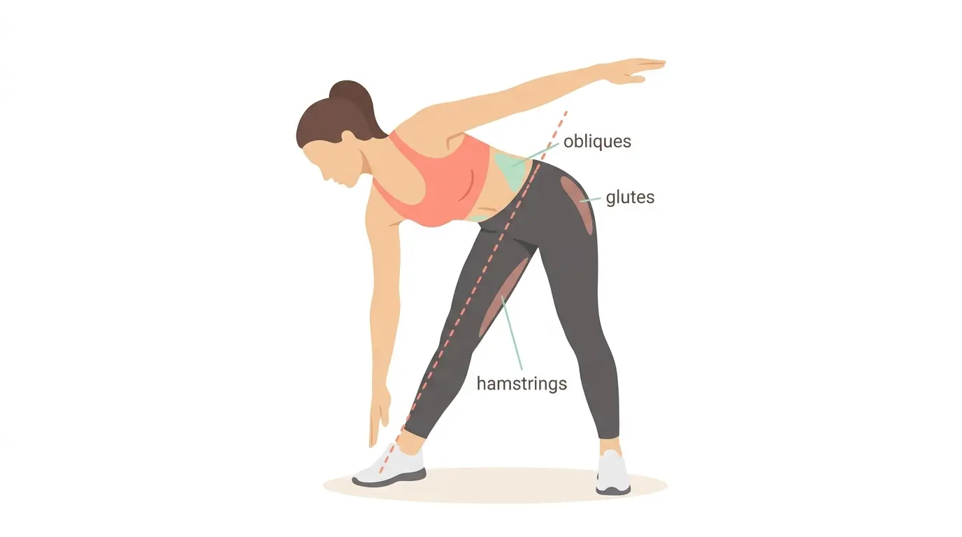 Woman performing a cross-body toe touch with left hand reaching toward right foot while standing with straight legs, showing obliques, hamstrings, and glutes highlighted