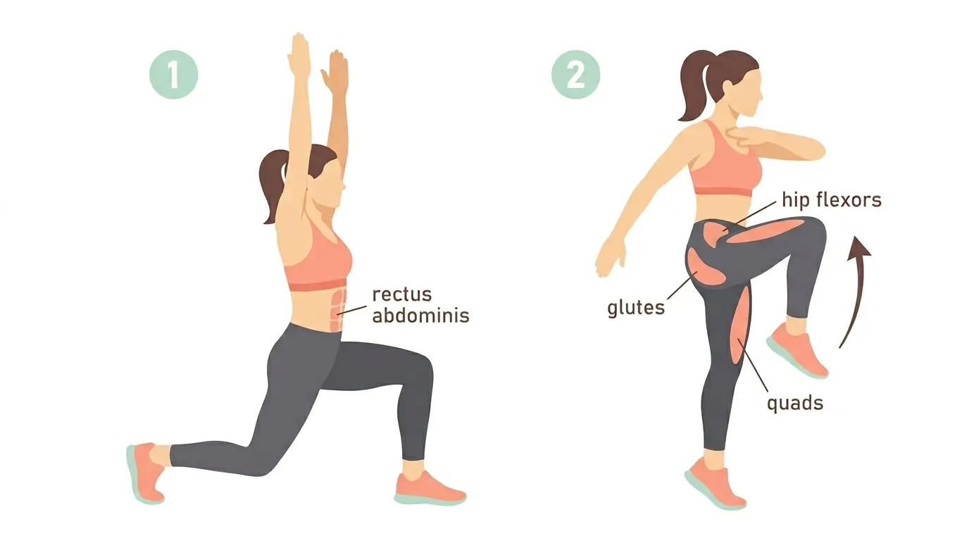 Two-stage illustration of a woman performing a knee drive from lunge position showing the transition from reverse lunge to explosive knee raise with rectus abdominis, hip flexors, glutes, and quads highlighted