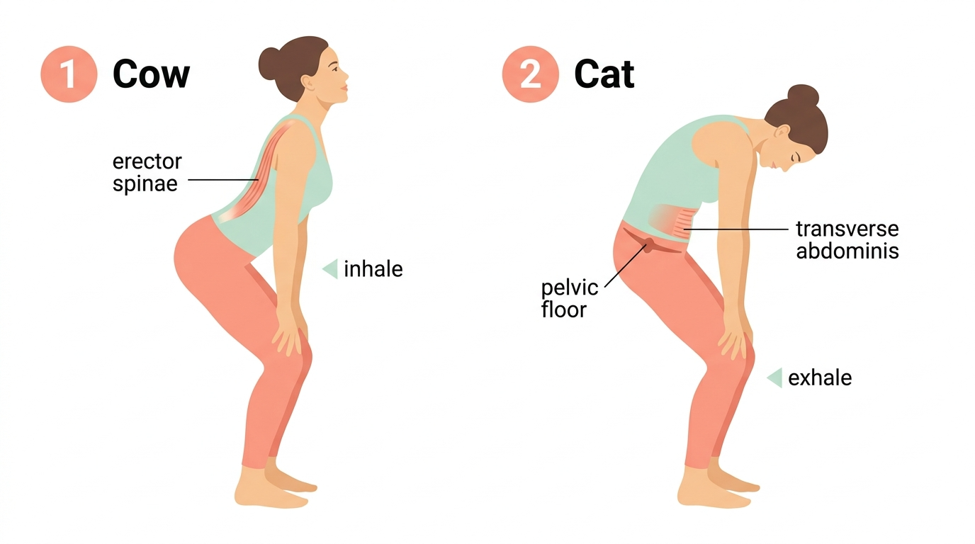 Two-stage illustration of a woman performing standing cat-cow showing arched back cow position and rounded spine cat position with transverse abdominis, erector spinae, and pelvic floor labeled